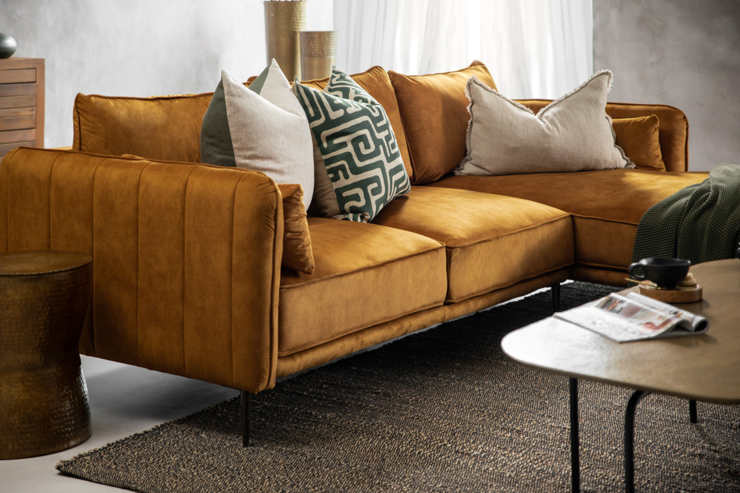 furnixa Velvet L-Shape Couch - Aged Mustard - Image 2